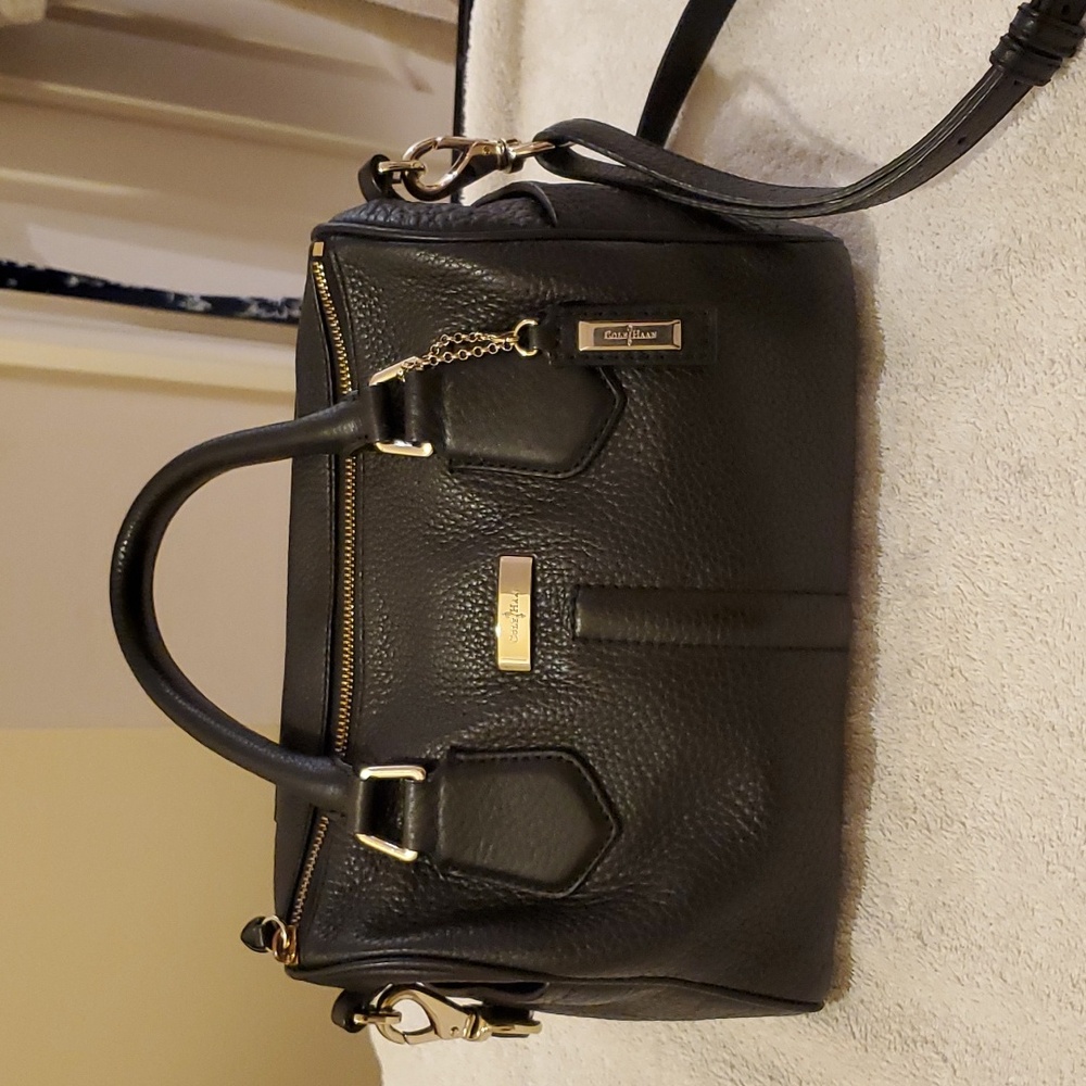 Classic Cole Haan black pebbled leather doctor bag with cross body strap